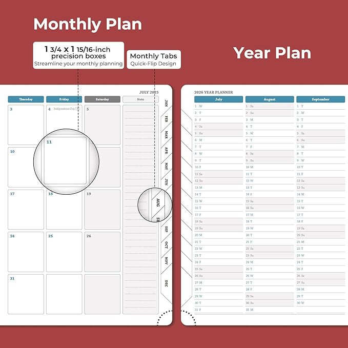 Weekly Monthly 2025-2026 Planner (July 25-Dec 26),11.5"x8.5",18 Months Agenda Plan with Month Tabs & Pocket,Expenses/Note Pages, Academic Calendar with Vegan Leather Cover,Red