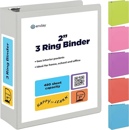 2 Inch 3 Ring Binder 2” Grey, Slant D-Ring 2 in Binder Clear View Cover with 2 Inside Pockets, Heavy Duty Colored School Supplies Office and Home Binders – by Enday