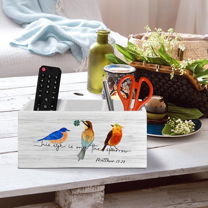 Christian Bird Pen Pencil Holder Organizer for Desk Accessories, Religious Bible Verse Scripture Wooden Box Sign Desk Decor for Home Office Decoration, Bird Lover Gifts