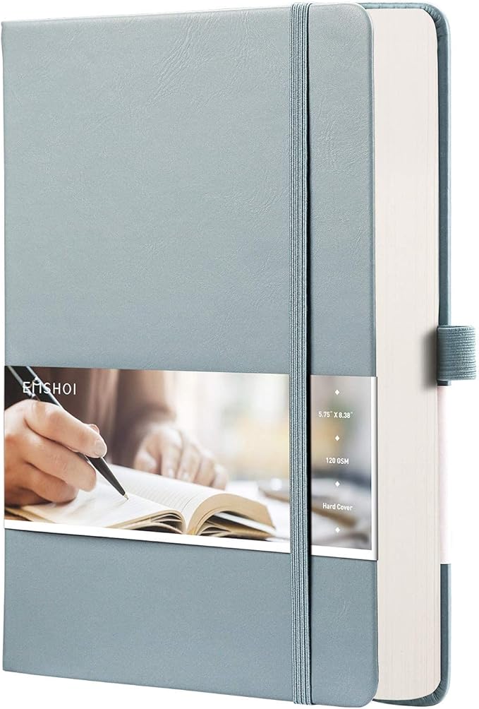 EMSHOI Notebook College Ruled - 256 Numbered Pages, 120 Gsm Thick Paper, A5 Hardcover Leather Lined Journal for Men & Women Work School Journaling Writing Diary 5.7" X 8.3"(GrayBlue)