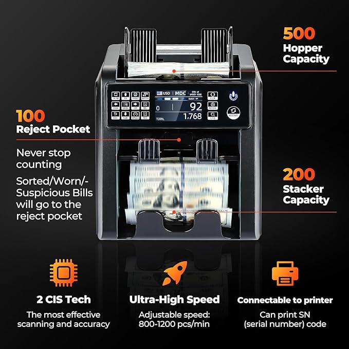 MUNBYN IMC08 Dual Money Counter Machine Mixed Denomination with Reject Pocket, Value Counting, Counterfeit Detection 2 CIS/UV/MG/IR, Sort&Print Enabled Cash Counter, Mixed Bill Counter (Black)