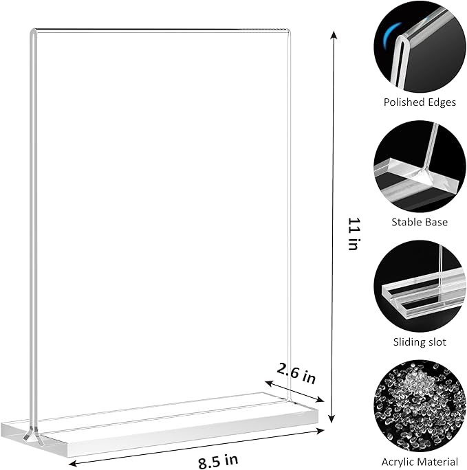 8.5x11 Acrylic Sign Holder 10 Pack, Vertical Double-Sided Display Stand, Clear Sign Holder Plastic Paper Flyer Holder Sign Holders 8.5x11 inches for Restaurants, Office, Store