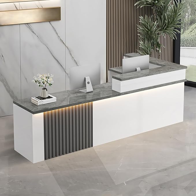 L-Shaped Receptionist Desk，Office Front Desk Reception Counter with Hidden Lighting & Storage Drawer Commercial Checkout Counter Sturdy for Salon Clinic Clothing Store