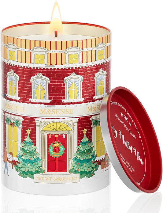M&SENSE Spicy Mulled Wine Christmas Candles, Warm Apple Cider Holiday Scented Candle for Festival Ambiance, Winter Holiday Candles for Women Men, Soy Wax 11.3oz 70 Hour,Christmas Scented Candles