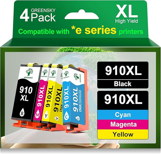 GREENSKY Remanufactured 910XL Ink Cartridges Replacement for HP 910xl Ink Cartridges Combo Pack with HP OfficeJet Pro 8025e 8015e 8028e 8035e 8025 8035 8020 Printer (Black, Cyan, Magenta, Yellow)