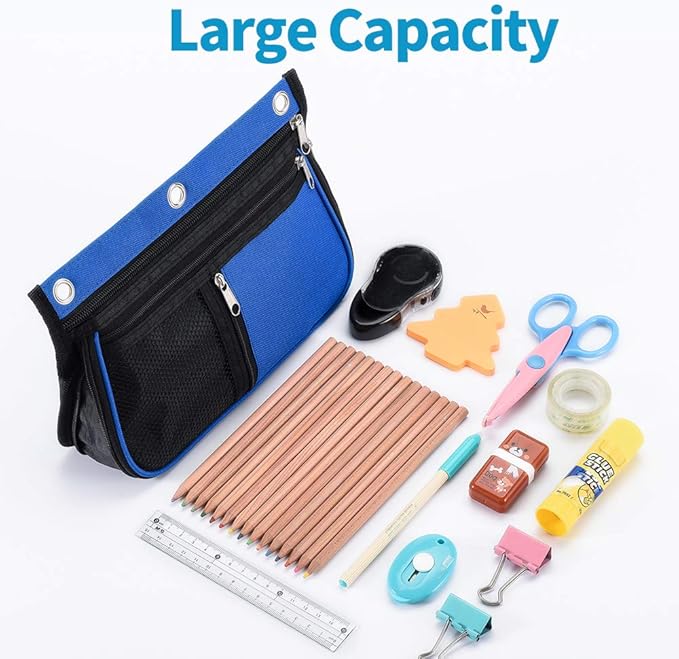 Sooez Pencil Pouch for Binder, Expandable Zipper Pencil Pouch, Fabric Pencil Pouches Binder Pockets, Large Capacity Binder Pouch, Pencil Case for Binder, Pencil Pouch 3 Ring, 2 Pack-Blue & Orange