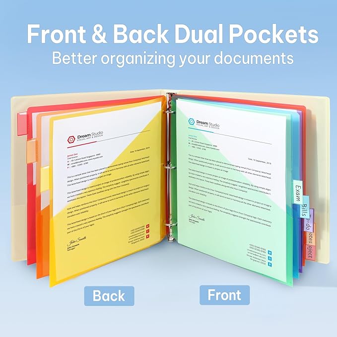 SUNEE 8 Tab Dividers with Pockets, Plastic Dividers for 3 Ring Binder, Subject Dividers with 2 Pockets, Binder Dividers for School Office Home Supplies, Multicolor, 1 Set