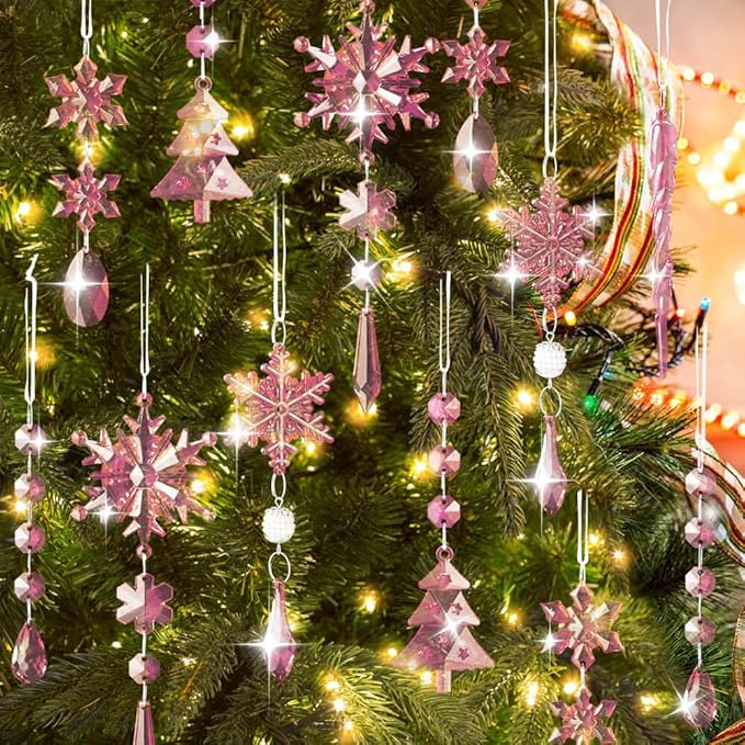 Lanpn 26 Pcs Christmas Ornaments Crystal Christmas Tree Decoration, Hanging Clear Acrylic Snowflake Icicle Drop Pendants for Xmas Winter Outdoor Indoor Party Decoration Pink