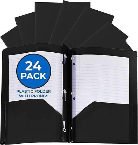 24 Pack Black Plastic Folders with Pockets Heavy Duty. 2 Pocket Folder with Prongs Bulk. Tear-Resistant Letter Size 8.5x11. Presentation Ready School and Office Supplies