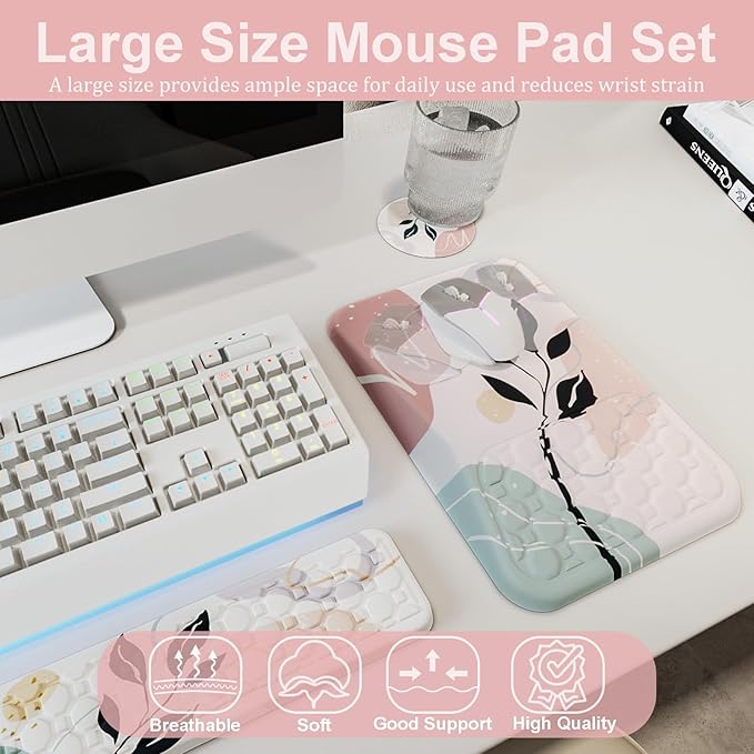 Ospelelf Mouse Pad with Wrist Rest and Keyboard Wrist Rest, Ergonomic Wrist Rest for Computer, Office, Gaming, Pink