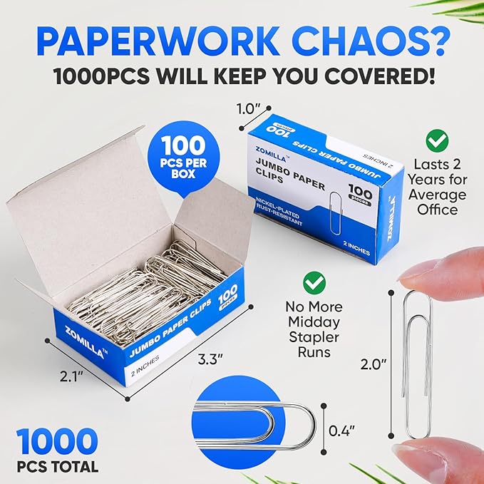 Large Paper Clips, Zomilla 1000pcs 2 Inches Jumbo Paper Clips Silver, Smooth Recyclable Large Paperclips for Office Home School, Stainless Steel Rustproof & Durable Big Paperclip