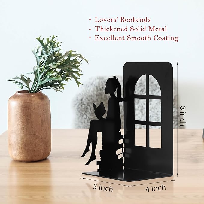 8 inch Lovers Bookends Book Ends for Shelves Decorative,Metal Book End Nonskid Book Holder Book Stopper Home Christmas Decor for Movies/CD/Video Games Christmas Decorations Gift(Set of 2)
