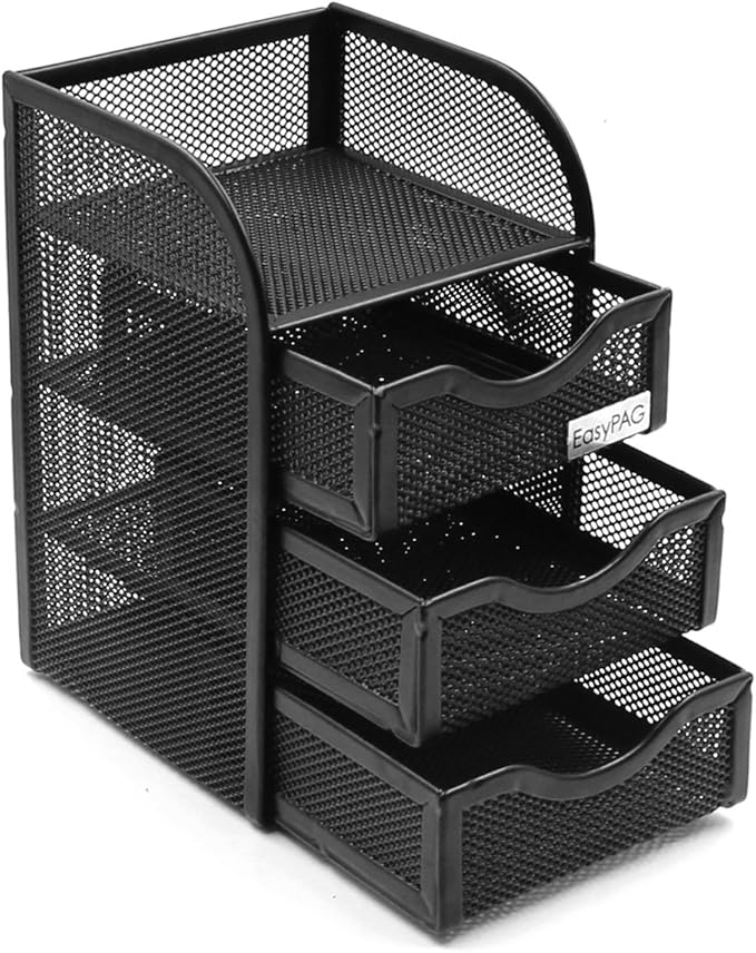 EasyPAG Mesh Desk Organizer with 3 Drawer Office Desktop Organizers and Accessories Stationery Caddy for Office, Home, Students, Black