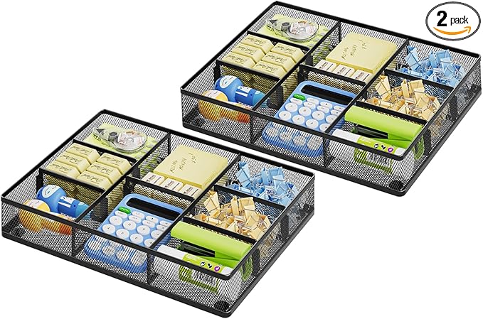 Marbrasse 2Pack Desk Drawer Organizer, Metal Mesh Drawer Organizer Tray with 5 Adjustable Compartments,Desk Organizers and Accessories for Home,Office,Kitchen,Makeup,Vanity (Black)