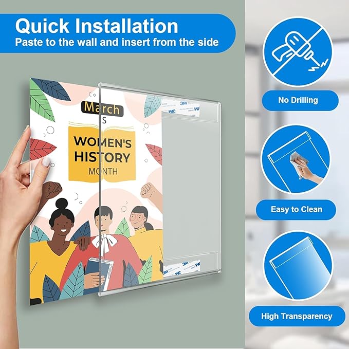 6 Pcs Acrylic Sign Holder 8.5 x 11, Vertical Wall Mount Sign Holders with Adhesive, Clear Plastic Frames Paper Display Sign Holders for Office, Home, Store, Restaurant - No Drilling