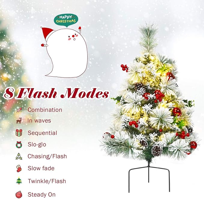 HAPPYGRILL Outdoor Pathway Christmas Tree Set of 2, Pre-Lit Snow Flocked Xmas Trees with LED Lights, 8 Light Modes, 29 inch Battery Powered Porch Christmas Trees for Holiday Decoration