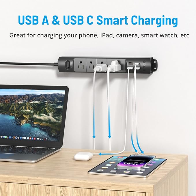 TROND Surge Protector Power Strip with USB, Ultra Thin Flat Plug 6ft Long Extension Cord 1625W, 3 USB A & 1 Type C, 4 AC Outlets 1440J Surge Protection Wall Mount for Home Office Dorm Room, Black