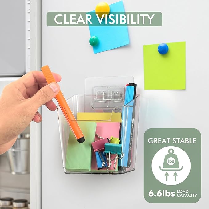 Clear Adhesive Wall Storage Bins, M Size 4 Pack Cabinet Door Organizer Holders, Hanging Wall Mount Pockets, Plastic Cups for Shower Bathroom Makeup Office Craft Remote Kitchen Sink RV Organization
