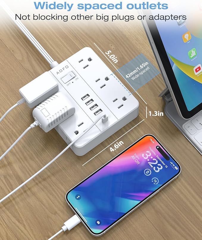 Flat Plug Power Strip, AOFO Surge Protector Flat Extension Cord with 12 AC Outlets and 6 USB(2 USB-C) Ports,Multiple Outlet Wall Plug 5FT Extension Cord for Home Office, Dorm Room Essentials