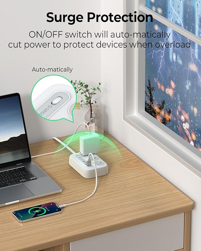 ORICO Surge Protector Power Strip, Multiple Outlets Extension Cord with 6 AC Outlets 2 USB-A and 2 USB-C Ports, 5 ft Flat Plug Power Strip, Mountable Outlet Extender for Dorm/Office/Home- OG