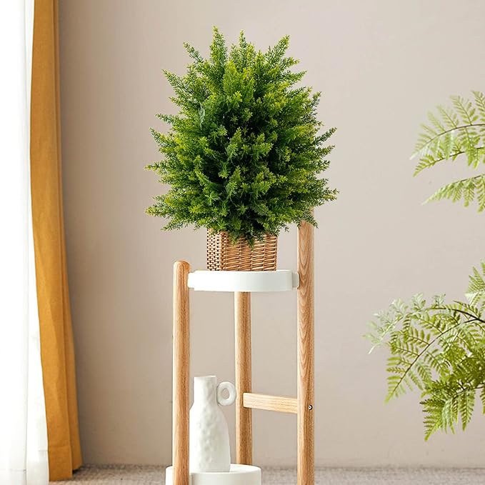 Goplus 21.5” Artificial Cedar Topiary Ball Tree, Set of 2 Faux Potted Plants Artificial Shrubs Bushes with Cement Pot, Fake Evergreen Artificial Topiary for Indoor Outdoor Home Front Porch Decor