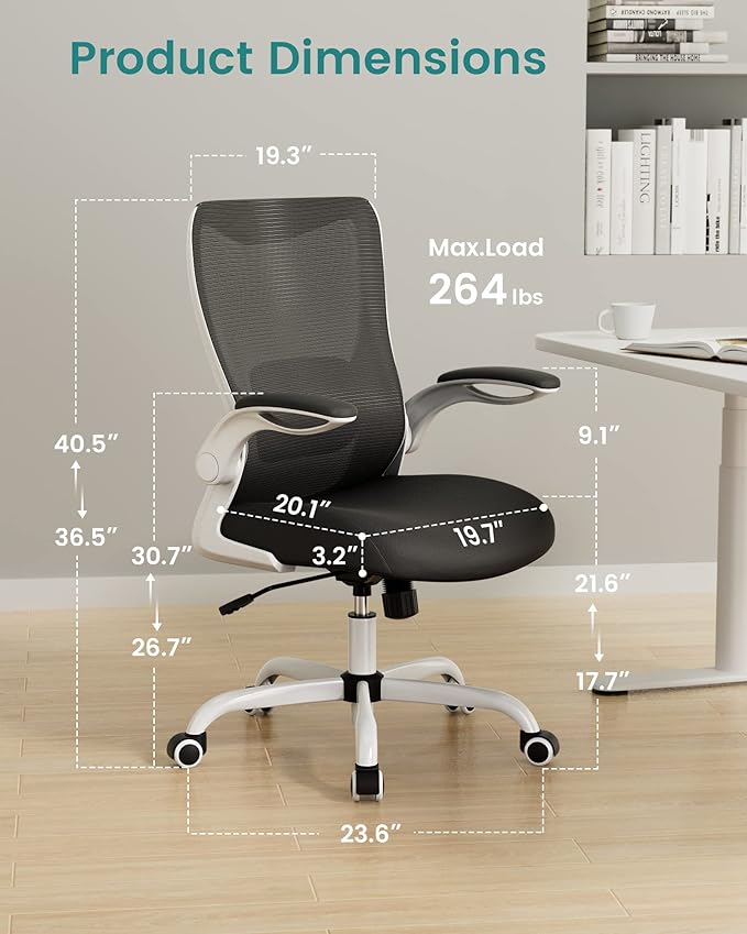 Office Chair, Ergonomic Desk Chair with Adjustable Lumbar Support and Flip up Armrest, Breathable Mesh Computer Chair for Home Office, White