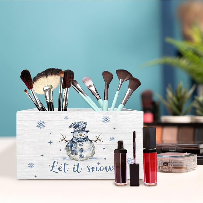 Chinoiserie Christmas Snowman Pen Holder for Desk, Winter Snowman Wooden Box Sign Desk Decor for Home Office Decoration, Grandmillennial Christmas Pencil Organizer