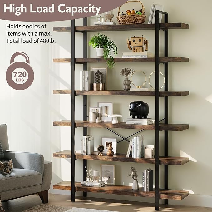 6 Tier Bookcase, 47 Inch Wide Wood Bookshelf, 120lbs Shelf Capacity, Rustic Open Shelving Industrial Display with Reinforced Horizontal Brown Shelves for Living Room Bedroom Office 2 Set