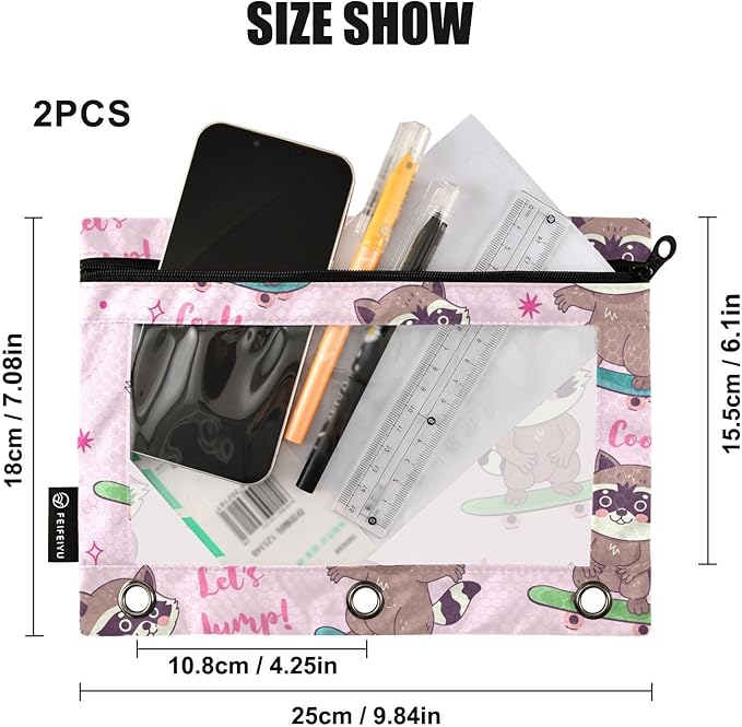 ZAZYXTJ Raccoon Binder Pencil Pouchs 3 Ring with Zipper Clear Window Office Organizers bag for School Students Teacher Supplies 2 Pack