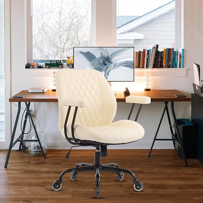 YFO Home Office Desk Chair Office Rubber Casters Ergonomic Computer Chair with Lumbar Support Adjustable Height Rolling Swivel Executive Task Armrests Chair， White Leather