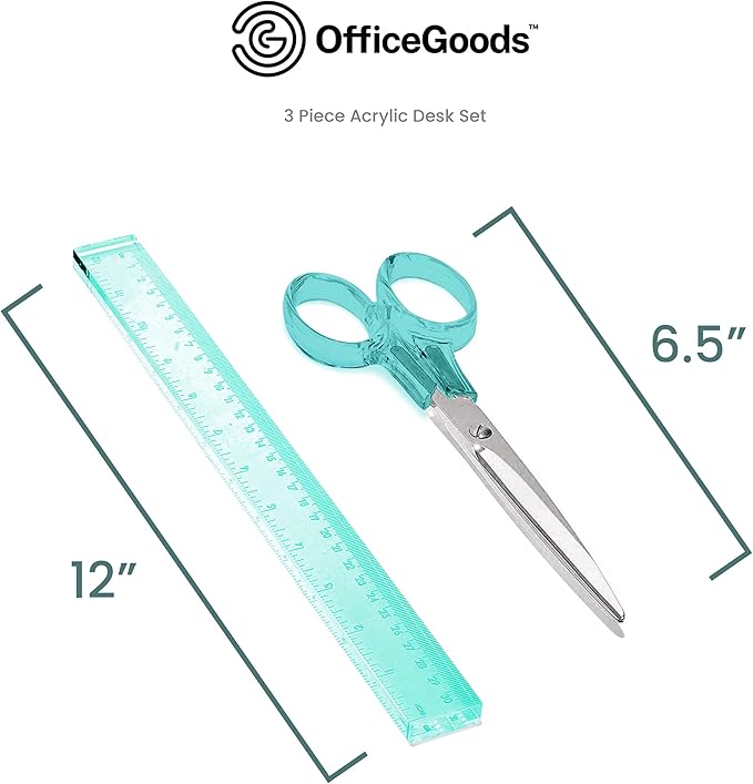 OfficeGoods 3 Piece Acrylic Desk Set - Includes Ruler, Staple Remover, Scissors - Functional & Elegant Desk Accessories - Stationery Tools for Home, Office, and School - Green with Silver Metal