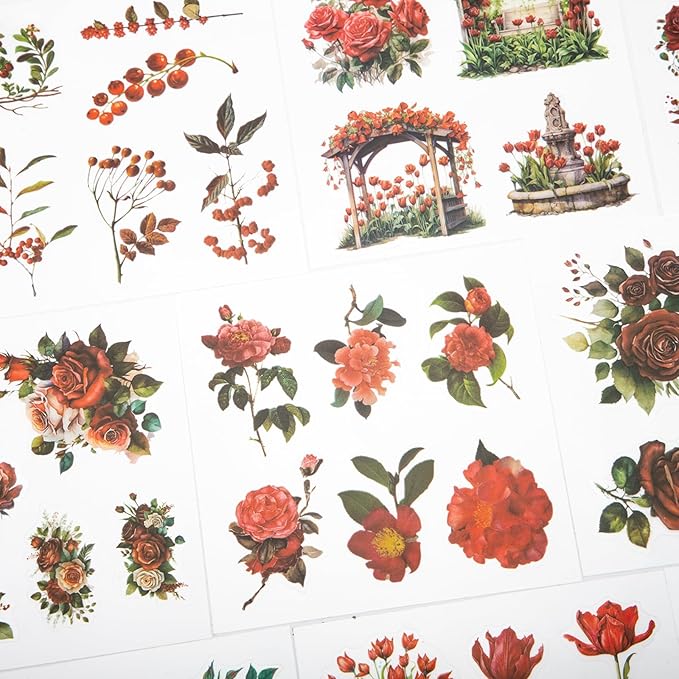 Red Flower Theme Sticker Scrapbooking Supplies for Junk Journal 50 Sheets, Include 25 PET Stickers and 25 Paper of Scene Material Paper - Vintage Journaling Stickers (TZ-006-007)