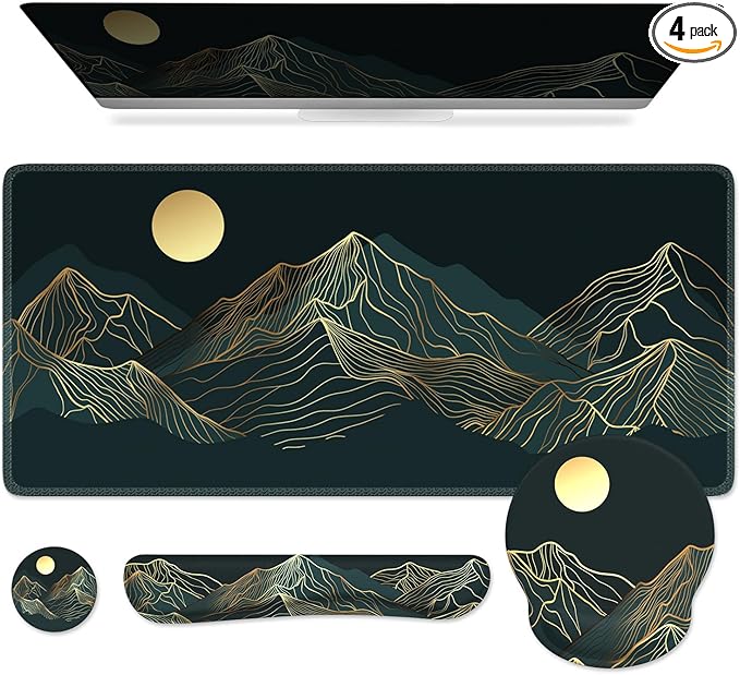 iCasso Large Mouse Pad, 4in1 XXL Mousepad + Keyboard Wrist Rest+Mouse Wrist Rest+Coaster Set with Ergonomic Design for Computer(Cyan-Mountain)