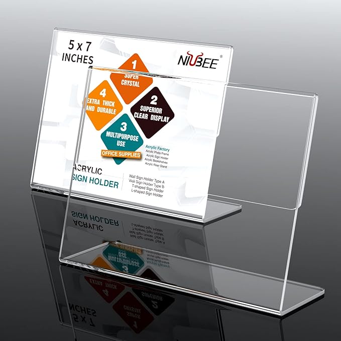 NIUBEE Slanted Back Acrylic Sign Holder 7 x 5 Inches, Clear Plastic Sign Holder Paper Display Table Stand for Office, Store, Restaurant -Horizontal (6 Pack)