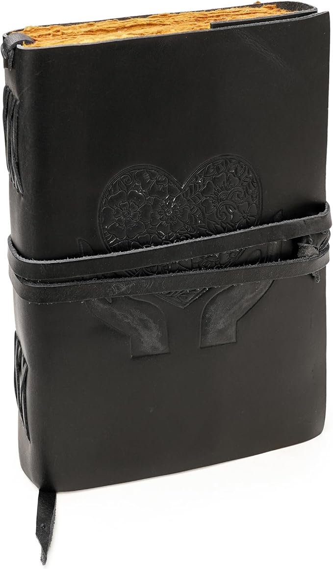LUXEORIA Heart Journal for Women and Men, Handcrafted Leather Journal for Writing Womens, Sketchbook, Travel Diary with Unlined Deckle Paper, Black 7x10