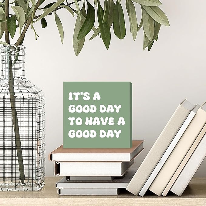 Sage Green Office Desk Accessories Decor Sign Positive Decor Motivational Gifts for Women - Inspirational Wooden Box Sign Desk Decorations Good Vibes Decoration for Home Office