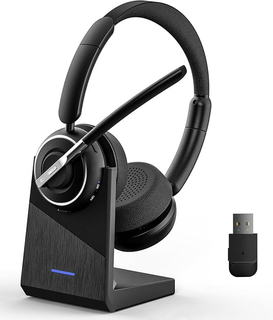 Wireless Headset with Mic for Work, Bluetooth Headset with AI Noise Canceling Microphone with USB Dongle, Charging Base & Mic Mute, Wireless Headphones for Work from Home/PC/Laptop/Computer