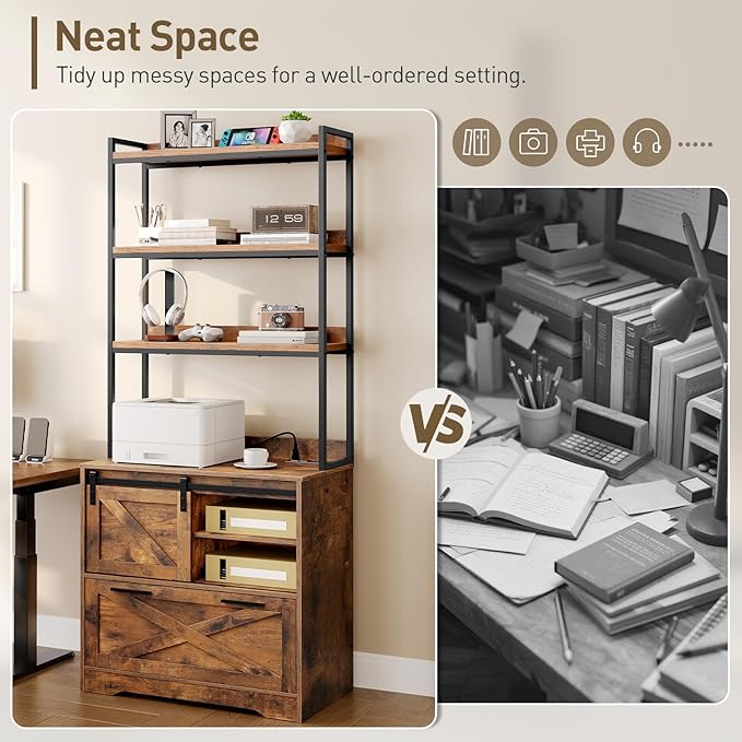 File Cabinet with Charging Station, Vertical Filing Cabinet with Shelves, File Cabinet for Home Office, Printer Stand with Storage Shelves & Barn Doors, Fits A4/Letter Files, Rustic