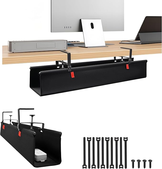 No Drill Cable Management Under Desk, 28" Cord Organizer for Table, Clamp/Screw Mount Cable Tray, Premium Black Fabric Desk Cord Management Tray for Office, Home (Regular (28 in))