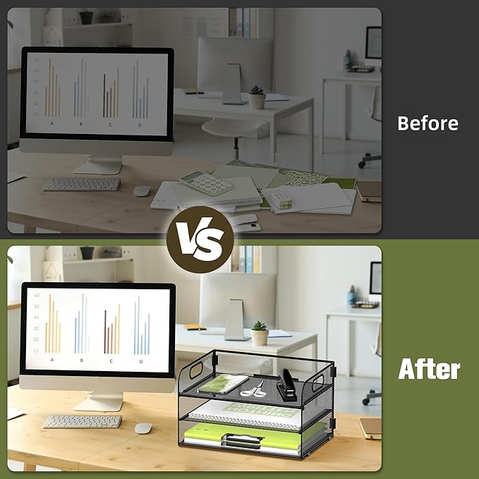 Daltack 3-Tier Paper Organizer with Handle, Mesh Desk Organizer Letter Tray, Paper Tray Organizer File Organizer for A4 File Folder, Black