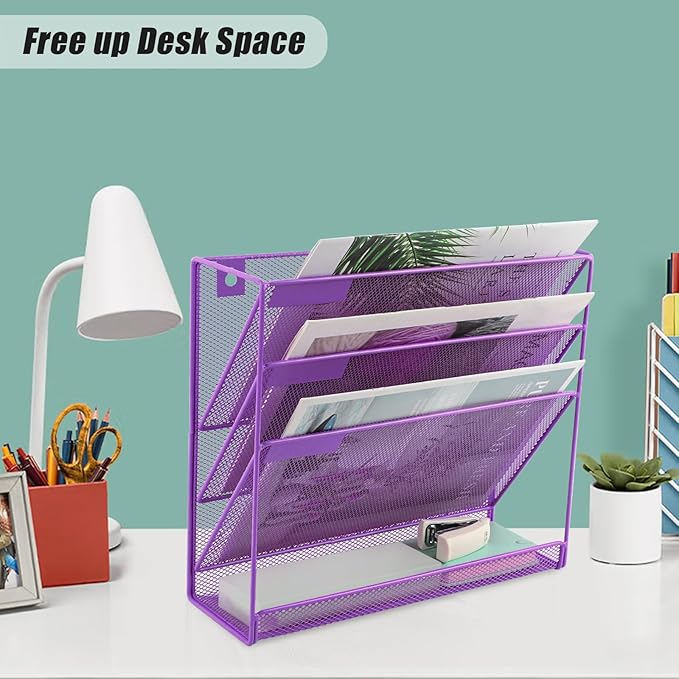 EASEPRES Desk File Organizer Mesh 4-Tier, Hanging Wall Mount Document Organization Stand, Desktop Vertical Mail Paper Folder Holder Rack with Bottom Tray for Office Home Cubicle Countertop, Purple