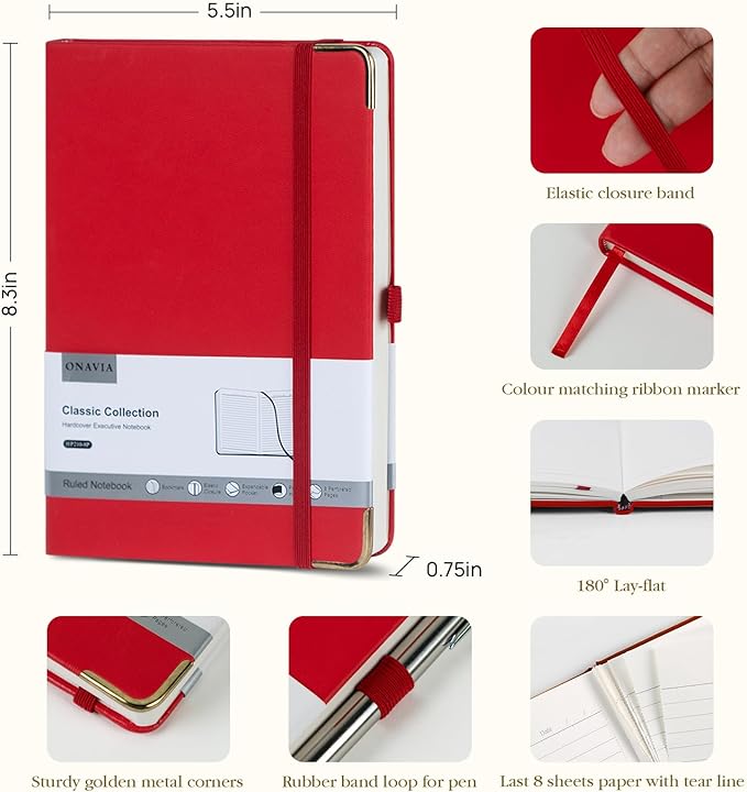 A5 Lined Journal Notebook - 100 GSM Thick Paper, Hardcover Journaling Notebook for Writing, Work, Travel, School, College Ruled Journal for Women and Men, PU Leather Note Book, 5.5”x8.3”- Red