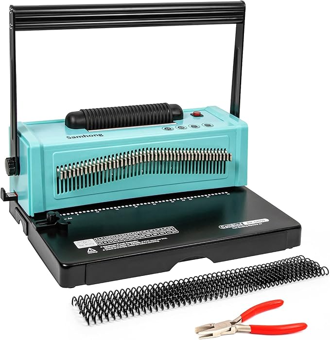 SAMHONG Spiral Coil Binding Machine - Electric Coil Inserter & 20-Sheet Punch (Letter/A4/A5) | 46 Fully Disengaging Dies | Adjustable Margins | Bind up to 440 Sheets | Free Coil Spines & Plier