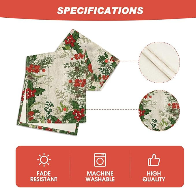 Artoid Mode Holly Fir Wood Pine Cone Leaves Christmas Table Runner, Seasonal Winter Holiday Kitchen Dining Table Decoration for Home Party Decor 13x72 Inch