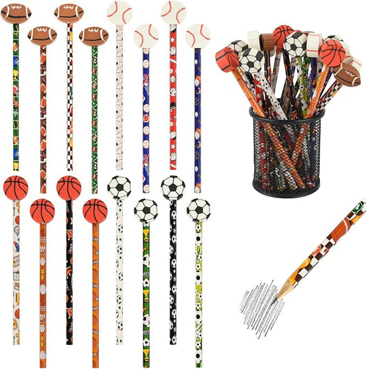 48 Pcs Sports Pencils and Erasers for Boys Girls Sports Birthday Gifts Assortment Stationery Pencils for Students Office School Classroom Supplies.