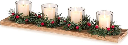 Christmas Candle Holder for Table Centrepiece Decoration: Romadedi Rustic 4 Tealight Holders with Mini Christmas Wreaths Wooden Tray for Xmas Winter Dinner Table Home Decor Gift 16.5 Inches