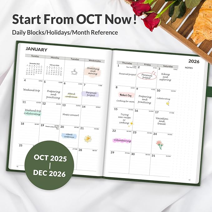 SUNEE 2026 Weekly & Monthly Hardcover Planner 5.5" x 8.3" - 12 Month (January 2026 - December 2026), Small Hardcover Planner, Pocket, Notes, 100 GSM Paper, Deep Green