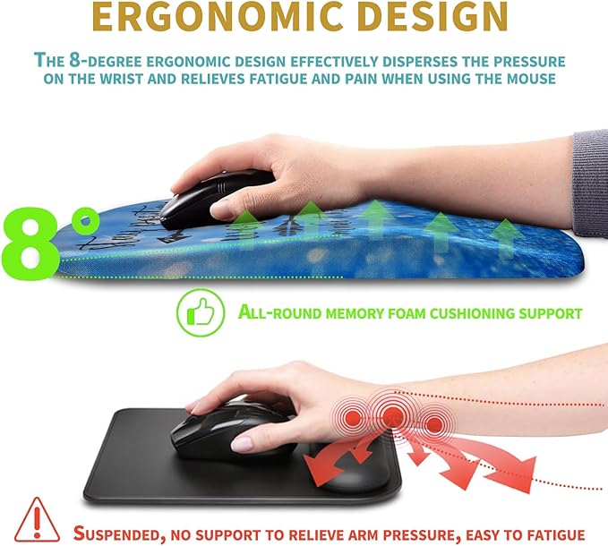 Hokafenle Ergonomic Mouse Pad Wrist Support with Massage Design, Wrist Rest Pain Relief Mousepad with Memory Foam&Non-Slip PU Base, Mouse Pads for Wireless Mouse & Desk (12x8 inch,Stay Positive)