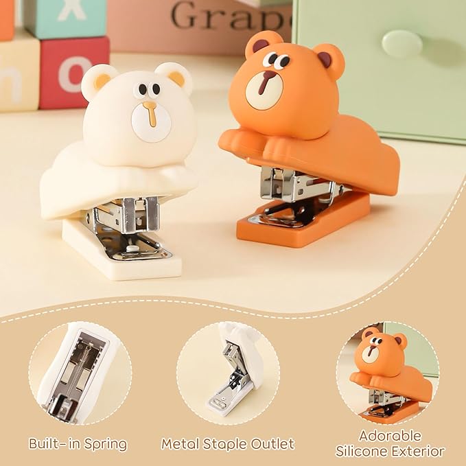 Honagu Mini Cute Animal Stapler with Staples, Cartoon Stereoscopic Silicone (PVC) Stapler, Labor-Saving Office Supplies for Students Kids (Coffee Bear)