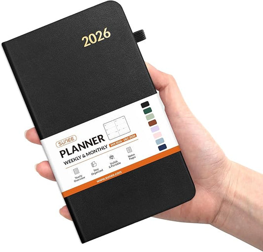 SUNEE 2026 Pocket Weekly Planner for Purse 3.5" x 6" - 12 Month (January 2026 - December 2026), Small Size Planner, Hardcover, Notes, Pocket, 100 GSM Paper, Black